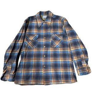 Pendleton Vintage 60s Virgin Wool Plaid Flannel Button Up Shirt Size Large